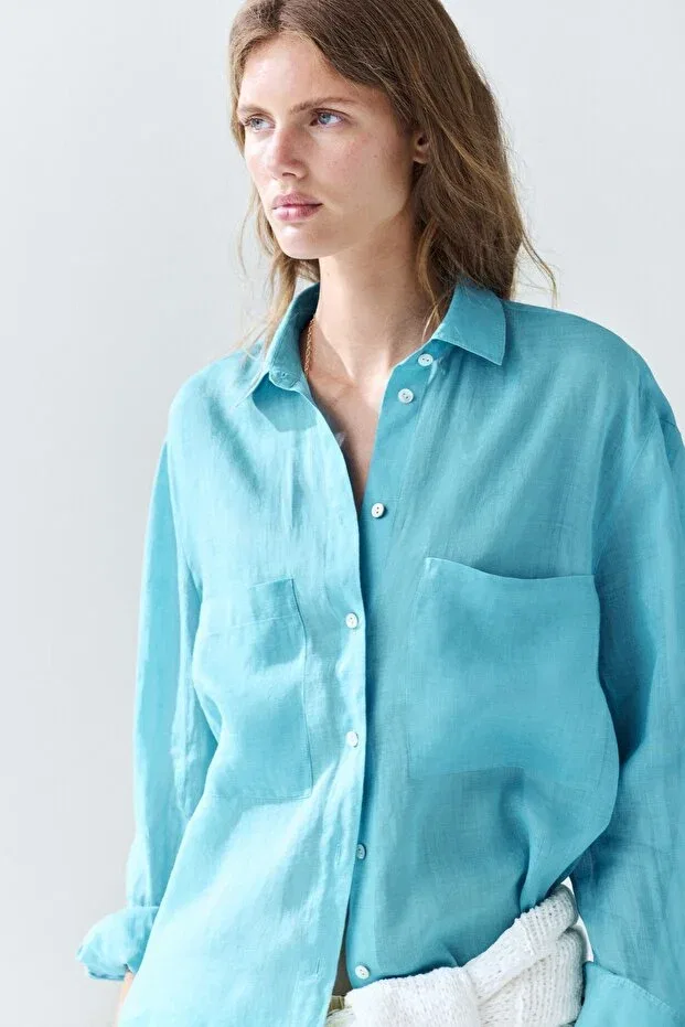 Женская рубашка льняная с длинным рукавом Massimo Dutti, Turquoise Blue — фото 3
