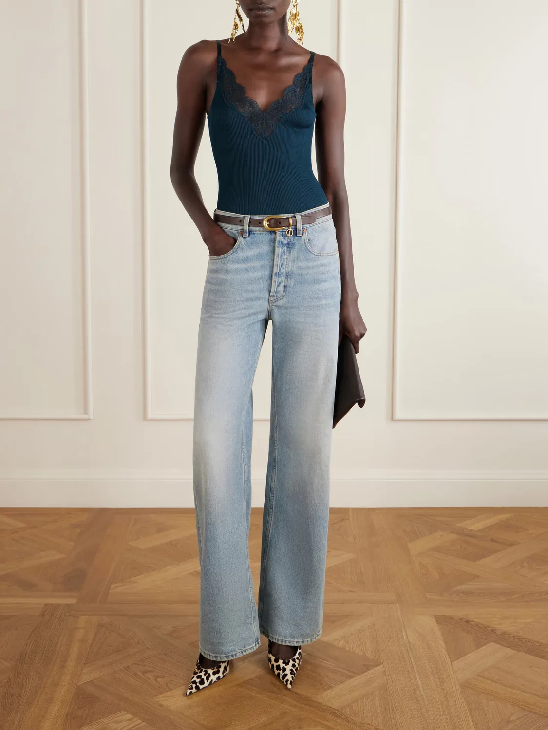 Топ из ребристого шелкового трикотажа с кружевной отделкой Saint Laurent, зеленый — фото 2