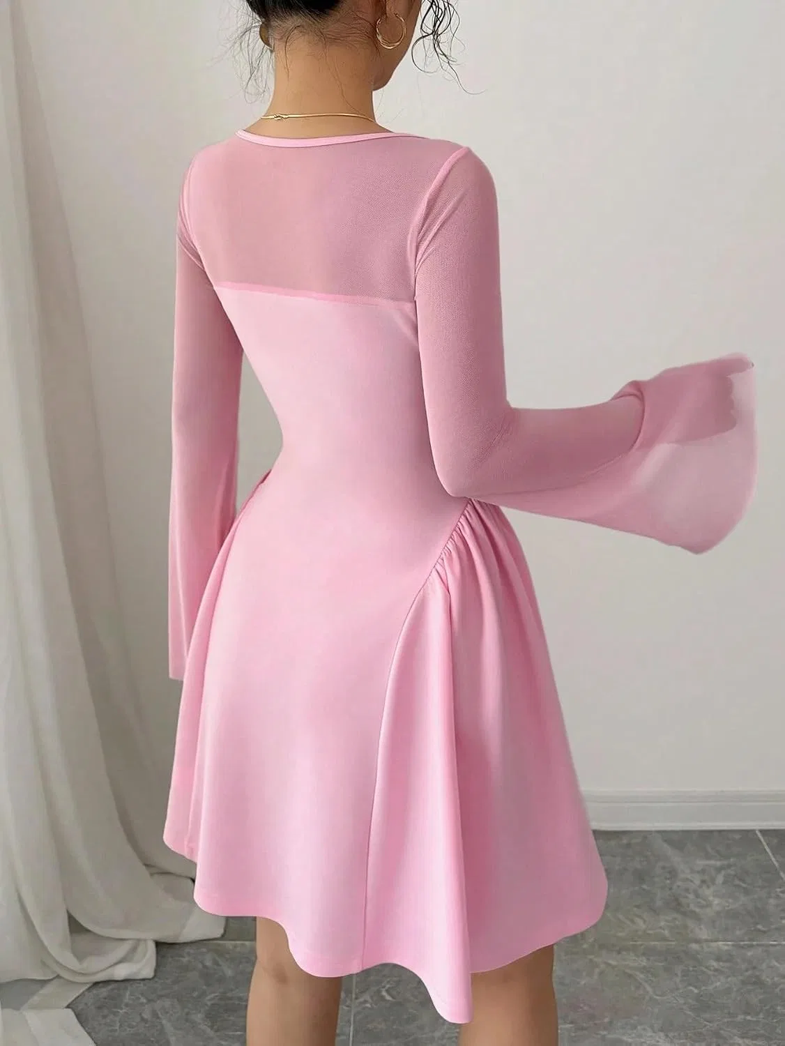 Женское платье A-силуэта мини с длинным рукавом, Pink — фото 2