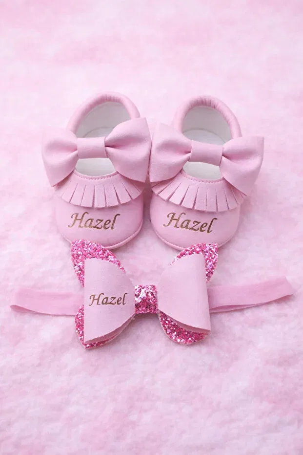 Детские туфли для девочек с набором повязки Personalized named baby girl shoes and headband set Marasmakosen, Pink