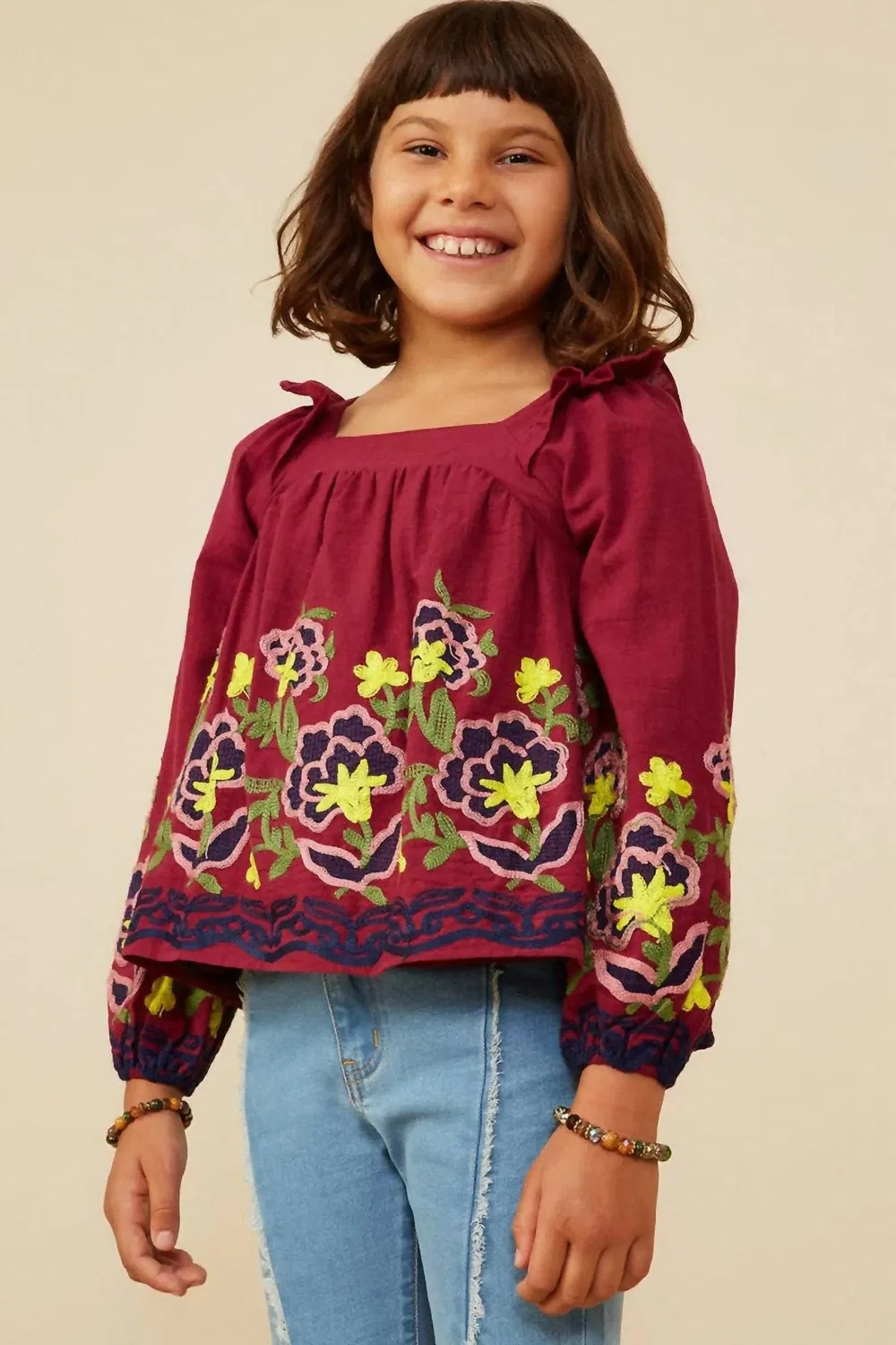 Детская блузка для девочек с цветочной вышивкой и оборками Floral Embroidered Ruffled Top Hayden Girls, Berry — фото 4