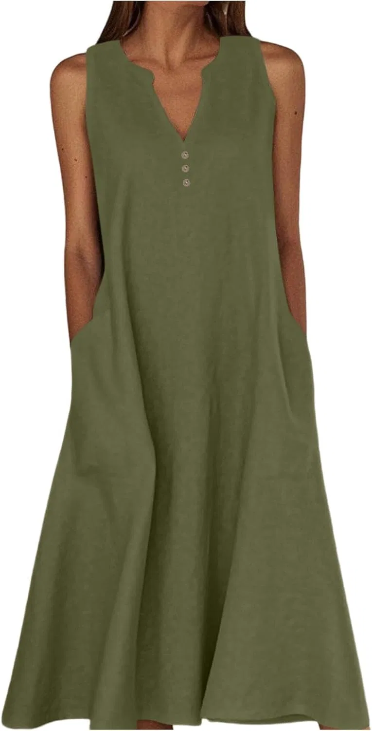 Женское летнее платье миди с карманами, Army Green