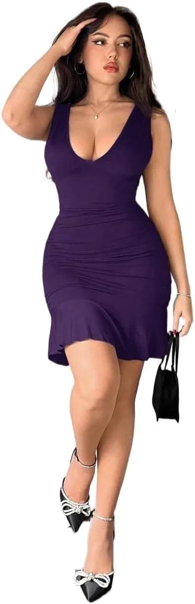 Женское мини-платье с рюшами Bodycon Deep V-Neck, Purple — фото 3