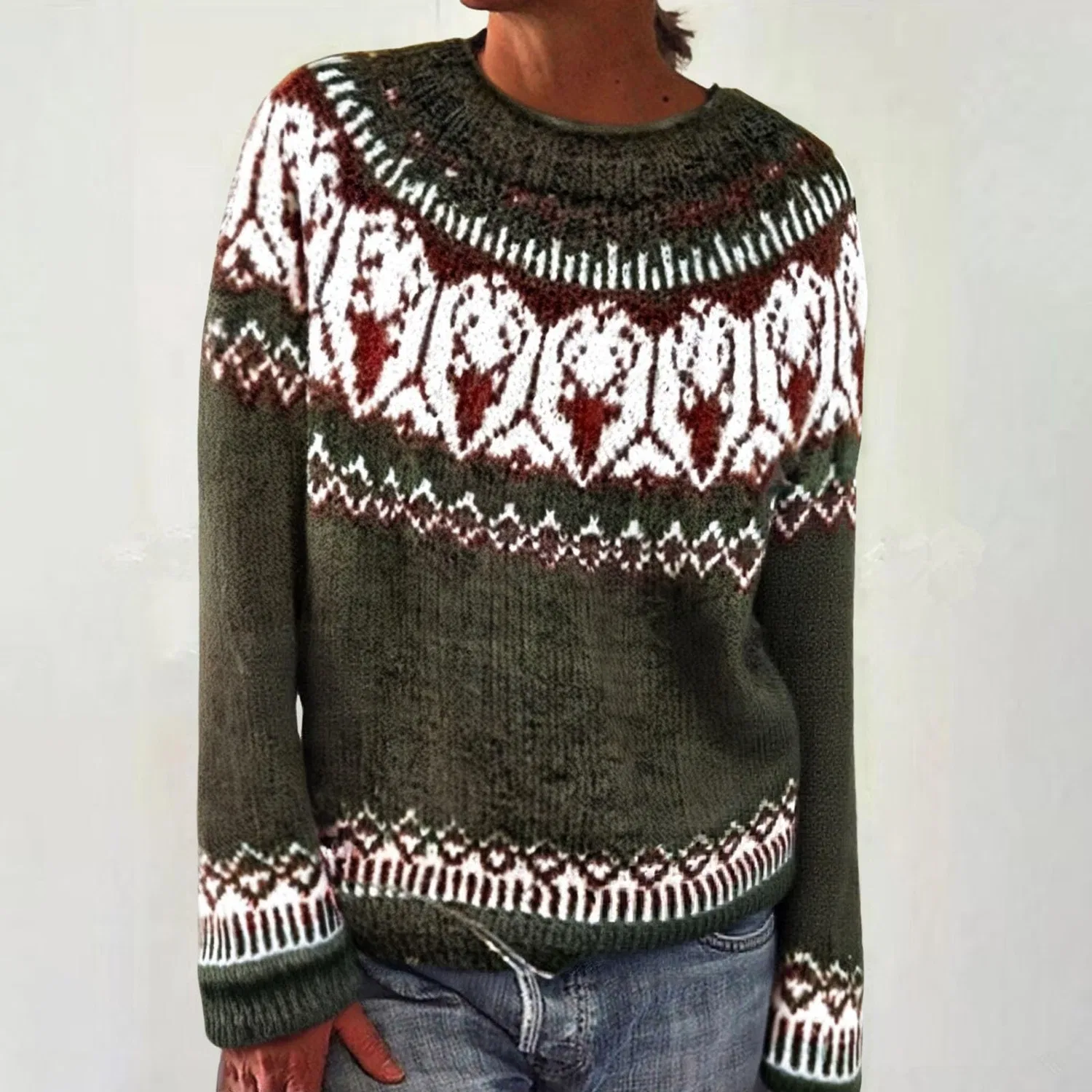 Женский свитер с принтом Retro Knitted Sweater with Isle Print, Dark Grey — фото 2