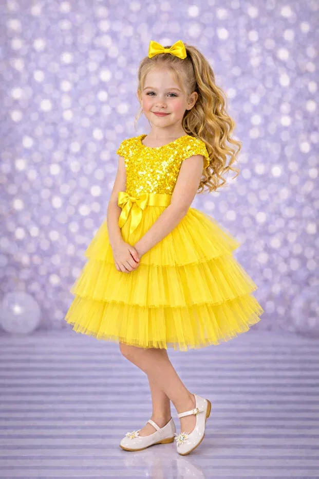 Детское платье для девочек с пайетками Girl'S buckled sleeves evening dress party birthday dress without skirt Rumi Kids, Yellow