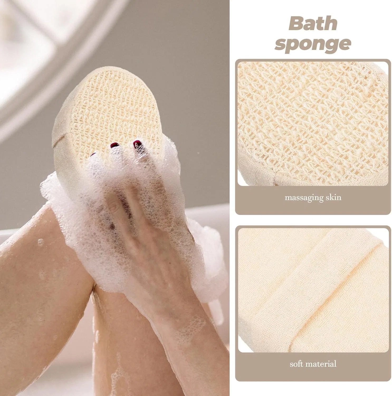 Мочалка для тела из хлопка и льна, BCOATH, 1 шт, 29 г, Beige — фото 4
