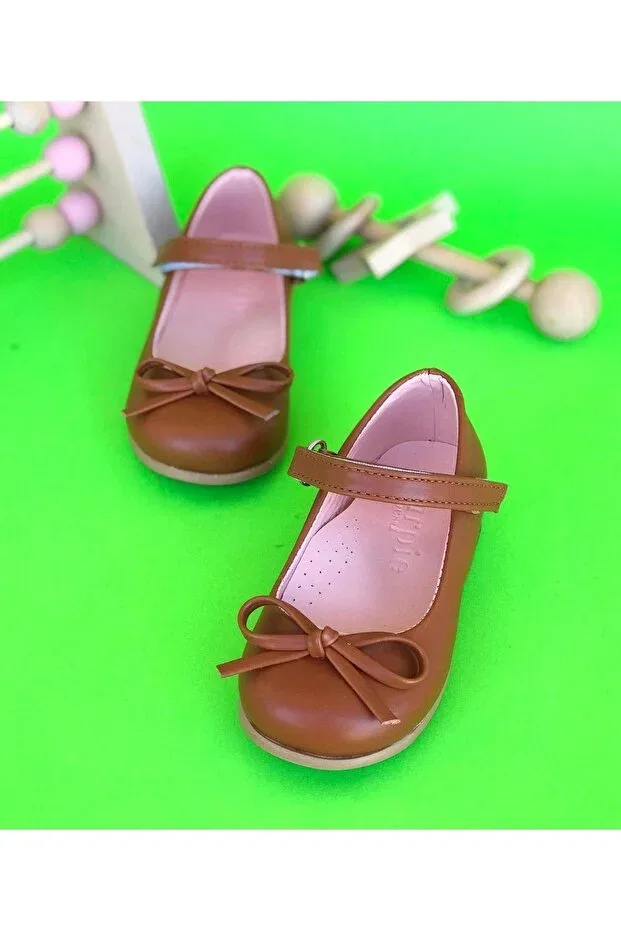 Детские балетки для девочек с принтом Thin Bow Detailed Surpie Shoes, Tan Color — фото 2