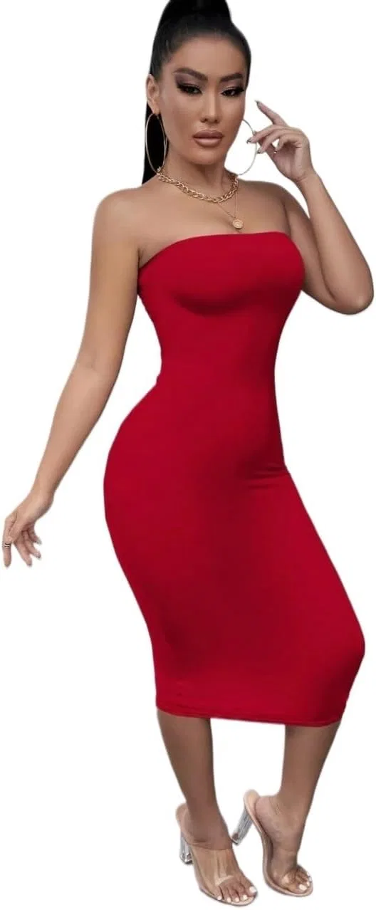 Женское миди-платье bodycon, асимметричное, без бретелек, Red — фото 4