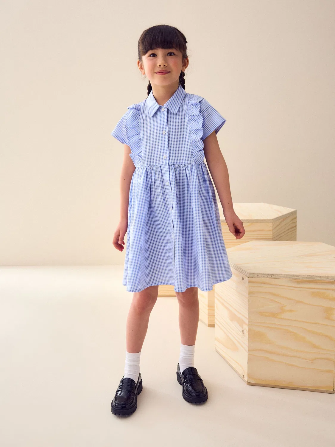 Платье школьное с рюшами в клетку, модель Gingham School Dress Next, голубой