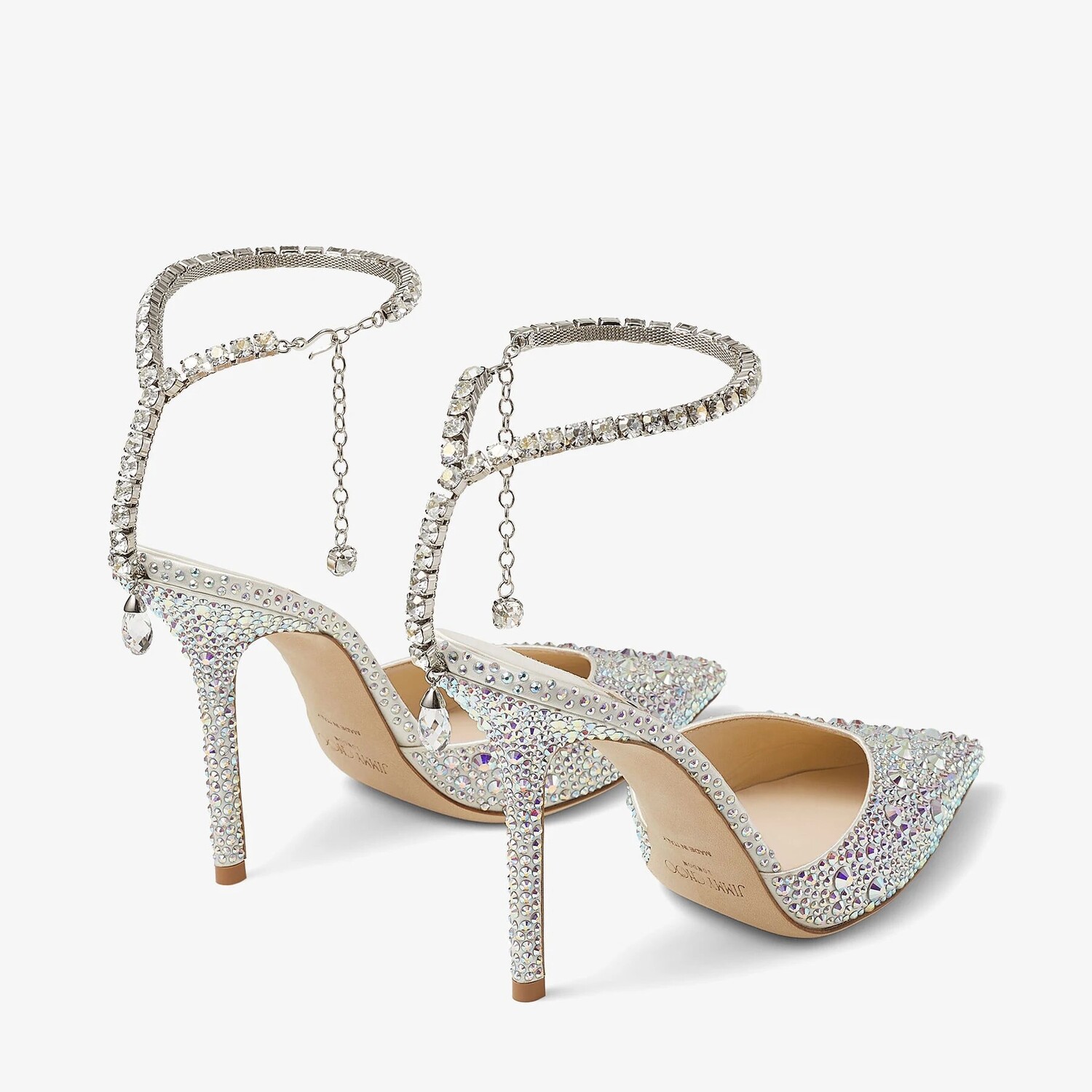 Атласные туфли Jimmy Choo Saeda 100, кремовый/кристаллы — фото 3
