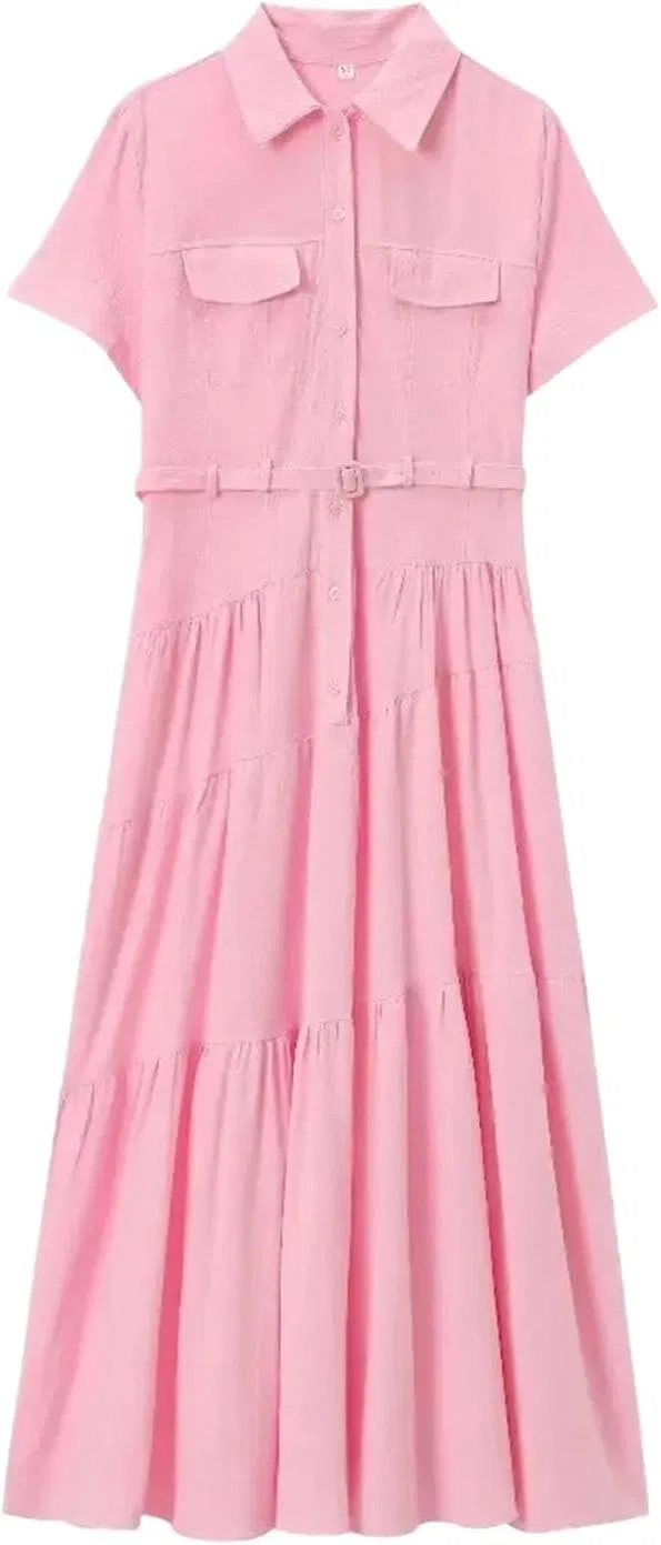 Женское платье-рубашка с поясом джинсовое Solid Color, Pink
