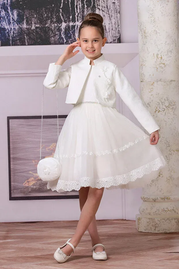 Детское платье из тюля с длинным рукавом Süslü Pink Kids, White