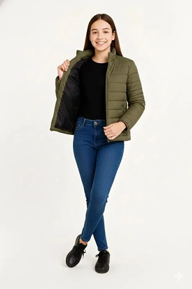 Детское пальто для девочек с принтом Inflatable Fiber-Filled Water-Repellent Jacket Generic Brands, Khaki — фото 2