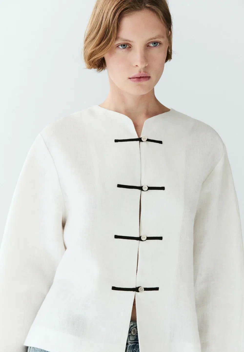 Струящаяся рубашка из 100% льна с пуговицами - блузка Massimo Dutti, White — фото 4