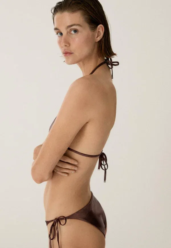 Купальник-бикини из полиамида Metallic triangle bikini set, Massimo Dutti, темно-коричневый — фото 3