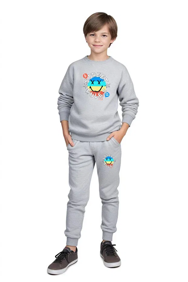 Детский комплект спортивных штанов и свитшота для мальчиков с принтом Fyk Kids, Gray-Blue-Black — фото 2