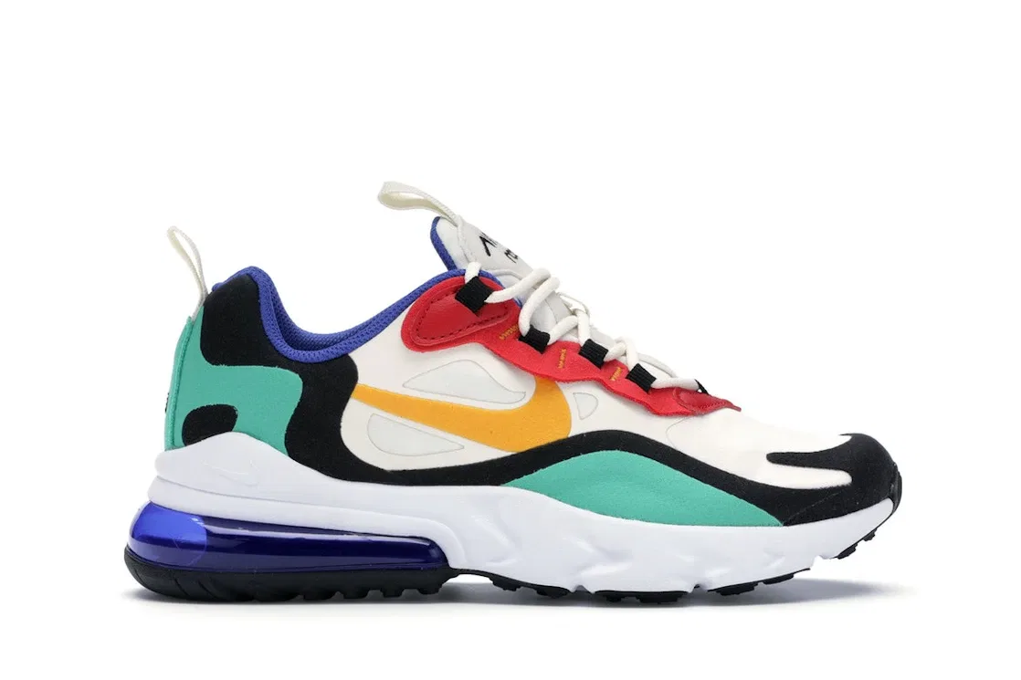 Детские кроссовки Lifestyle с амортизацией Nike Air Max 270 React, Phantom/University Gold-University Red-Black-Kinetic Green-Hyper Royal