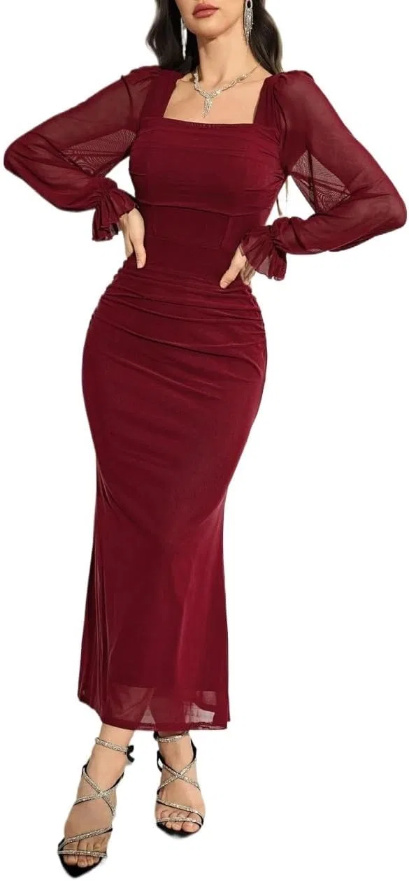 Женское элегантное платье миди bodycon с квадратным вырезом, Burgundy