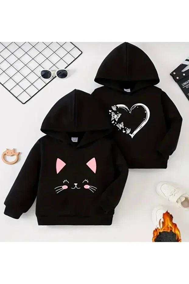 Детский комплект свитшотов для девочек с принтом Hooded 2-pack sweatshirt with cat figure print Topçu, Black