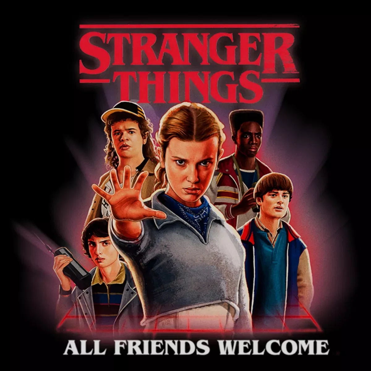 Детская футболка с принтом Stranger Things All Friends Welcome Classic Logo, Черный — фото 2