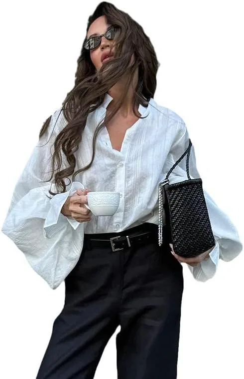 Женская блузка с воротником-стойкой и фонариками, Long Shirt, белый
