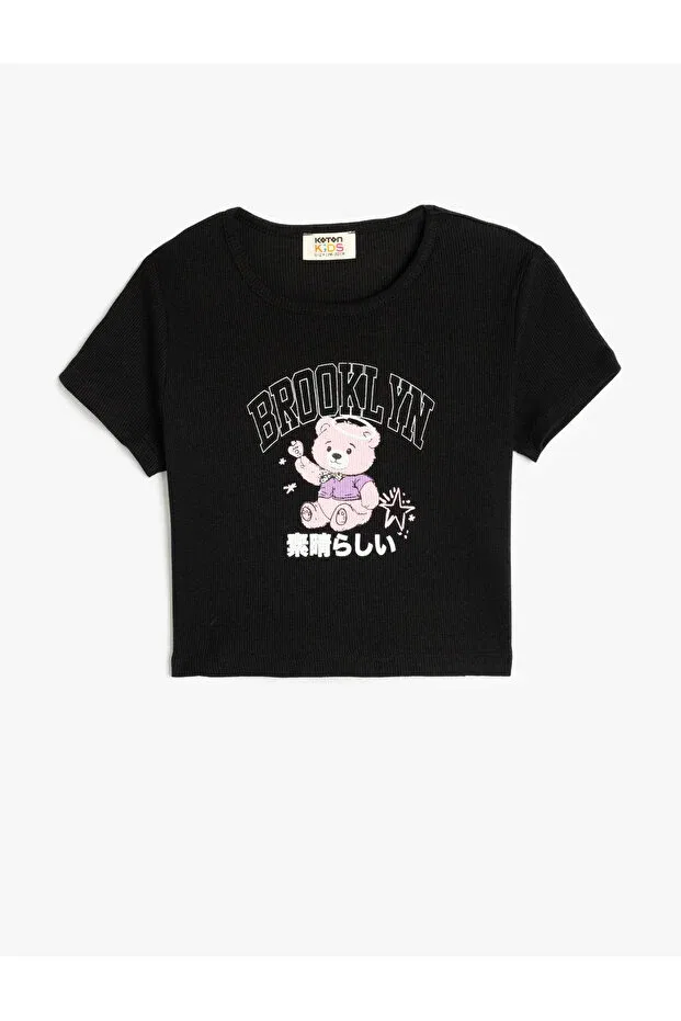 Детская футболка для девочек с принтом Teddy Bear Printed Crew Neck Koton, Black