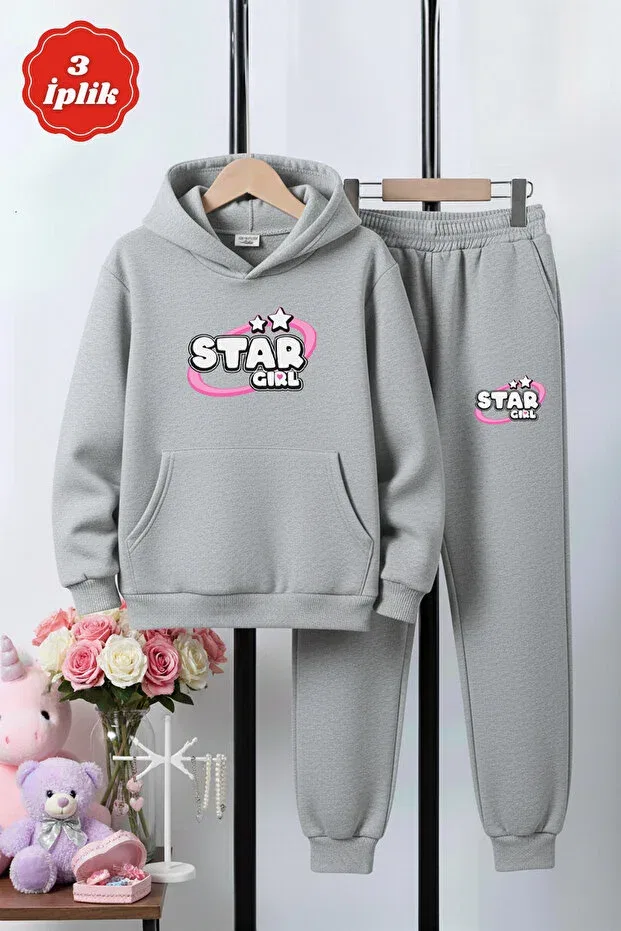 Детский спортивный комплект для девочек с принтом 3 iplik ş fleece-lined winter kangaroo pocket girl star b printed k hooded girls' tracksuit set Ya Ko Kids, Gray