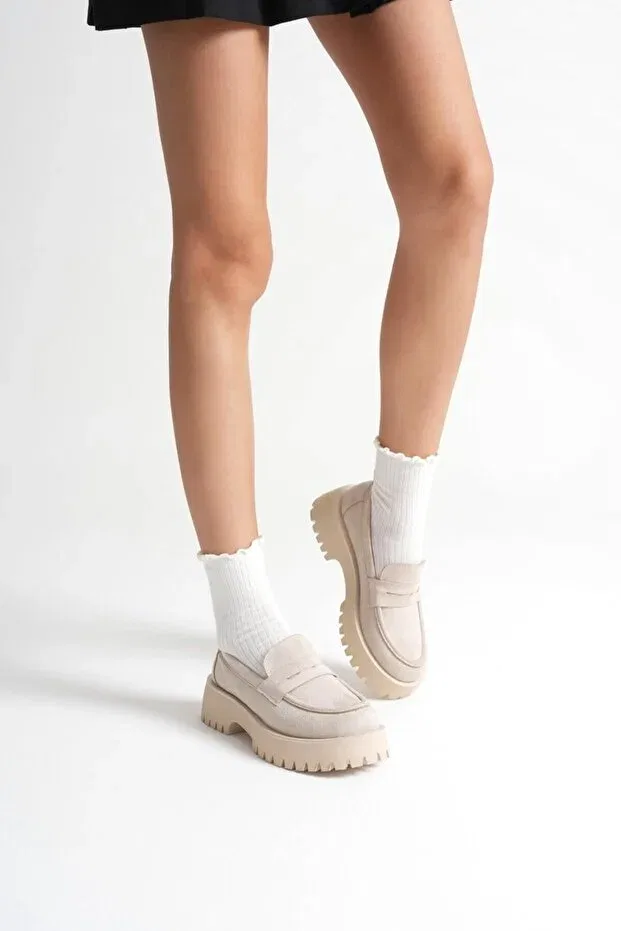 Женские повседневные замшевые лоферы с полосками Basics Generic Brands, Beige Suede — фото 3