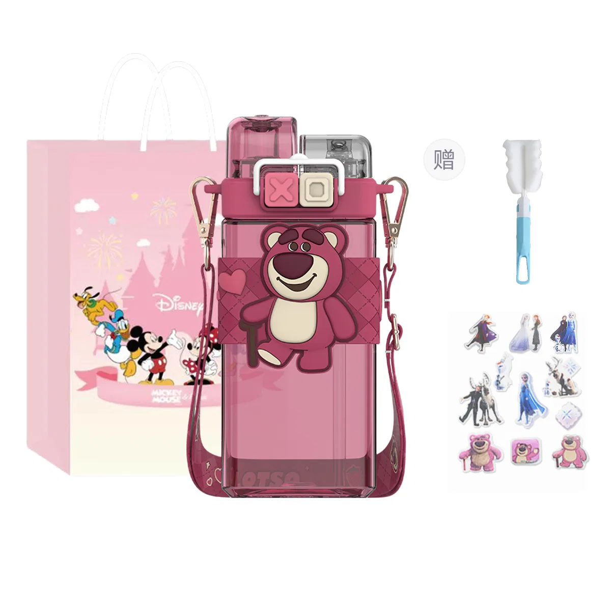Кружка пластиковая с крышкой и щеткой для чистки, 520 мл, Lotso+Cup Cleaning Brush Sticker, Disney, Multicolor