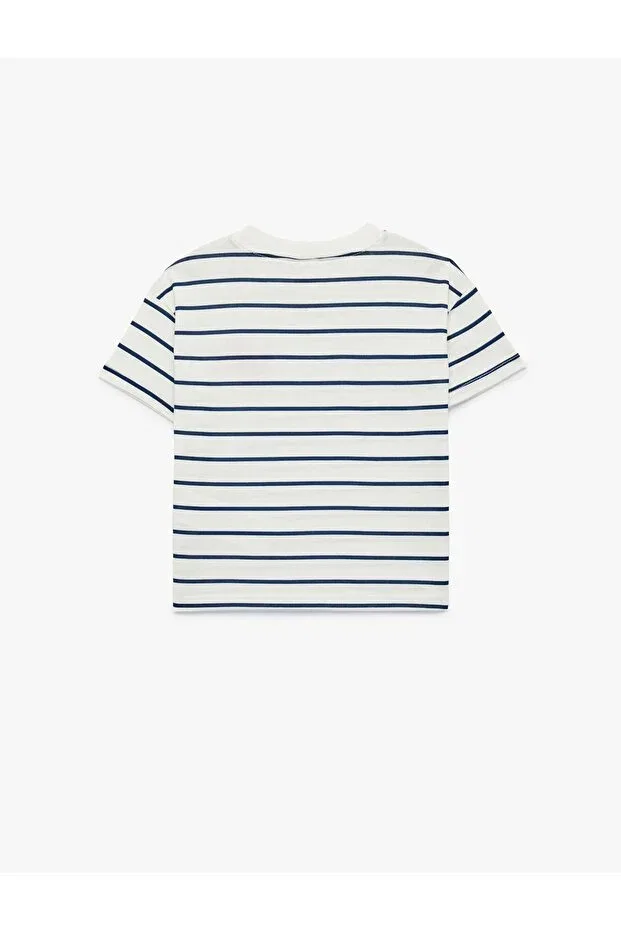 Детская футболка для мальчиков с коротким рукавом Baby boy cotton crab embroidery detailed short sleeve crew neck striped t-shirt Koton, Ecru — фото 2
