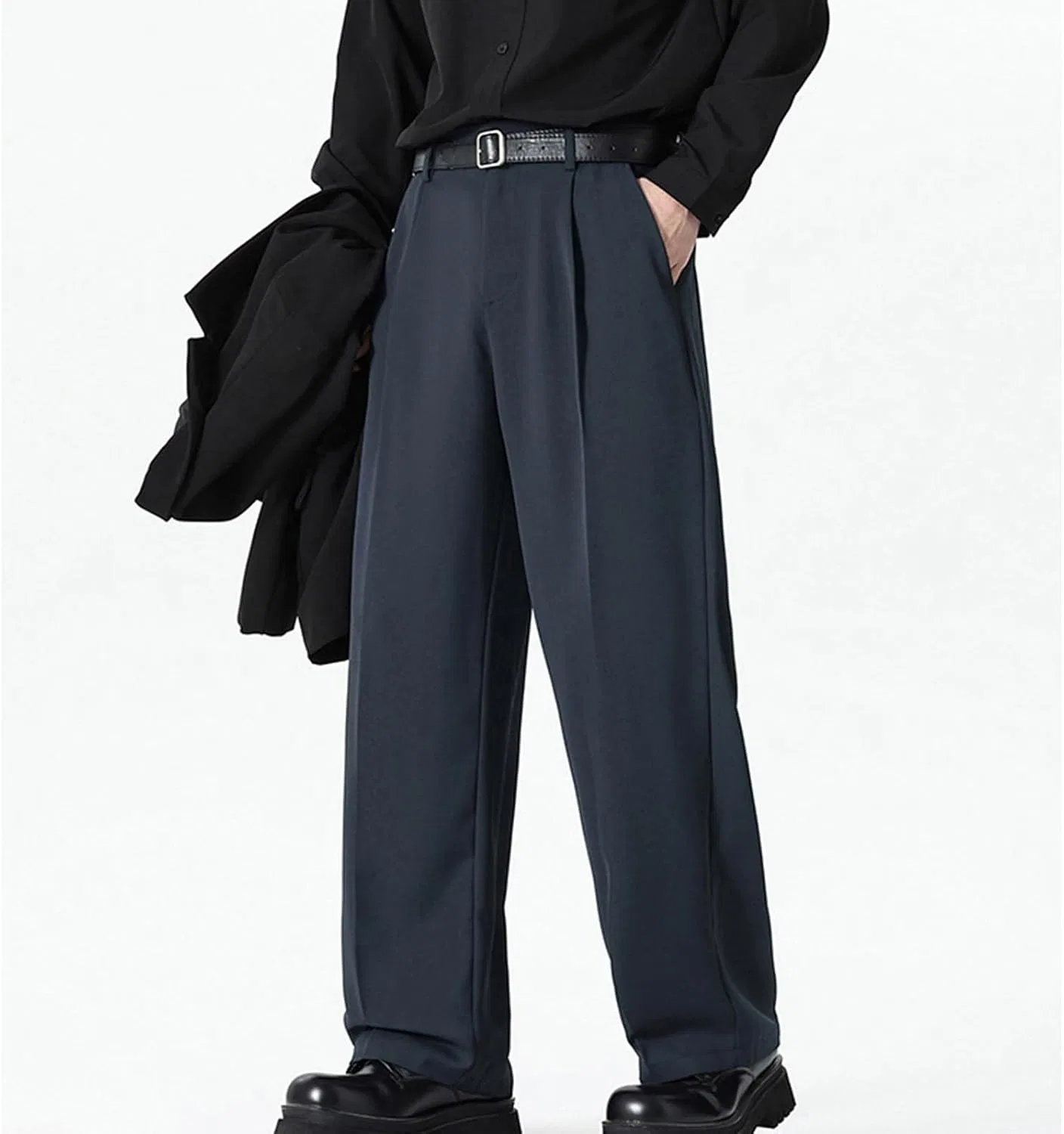 Мужские брюки свободного кроя с защипами, Wide Leg Dress Pants, тёмно-синий — фото 2