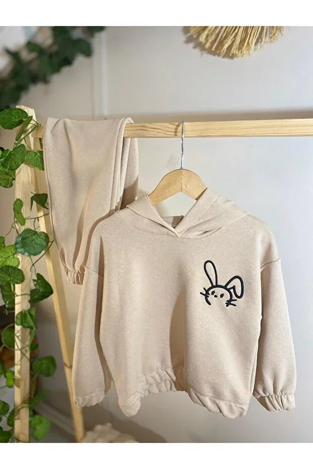 Детский комплект из футера для девочек с принтом Rabbit patterned girl's double set Shop, Beige — фото 3