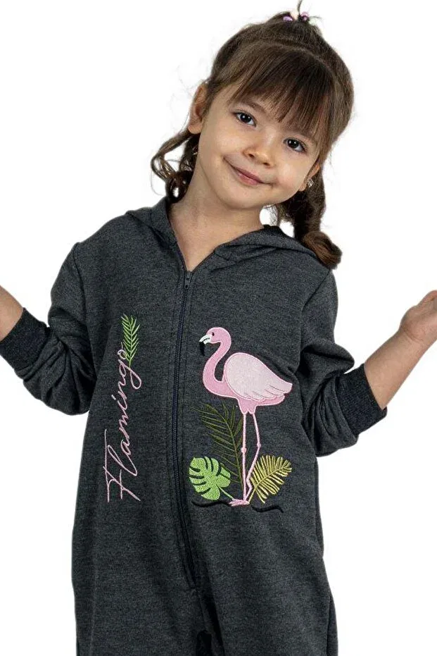 Детский комбинезон для девочек с принтом Flamingo printed baby girl smoked jumpsuit with zipper front and hood Riccotarz, Smoke Grey — фото 4