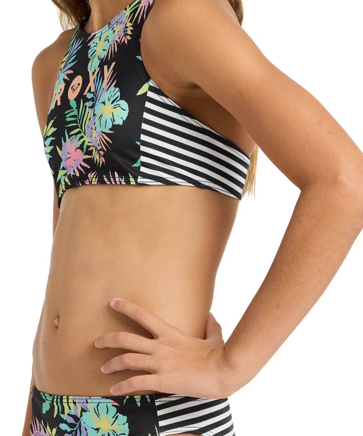 Детский бикини-комплект с принтом ROXY Active RG Crop Top Set, Black Floral Stripe — фото 4