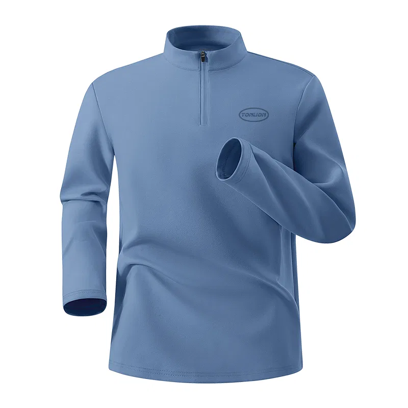 Детский лонгслив с воротником-стойкой и полумолнией Tonlion, Цвет: [Quick-drying long-sleeved T-shirt] Light Beige (with blue English logo on the chest) — фото 3