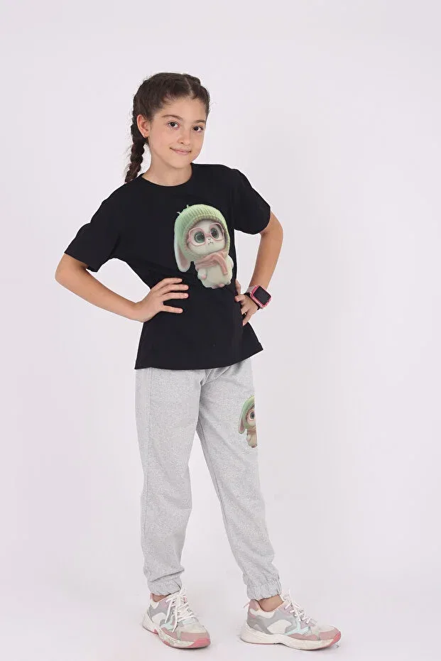 Детский комплект для девочек с принтом Cute Rabbit Print T-Shirt & Solid Bottom Girl's Set Cm Buseyiz, Black-Gray