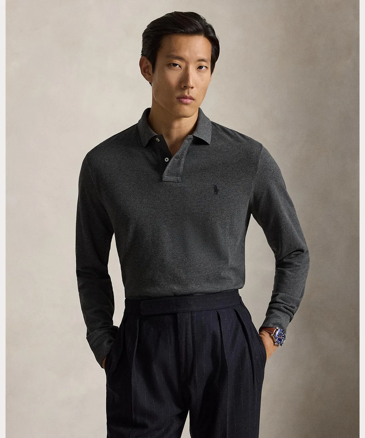 Мужская футболка-поло с длинным рукавомCustom Slim POLO RALPH LAUREN, Grey