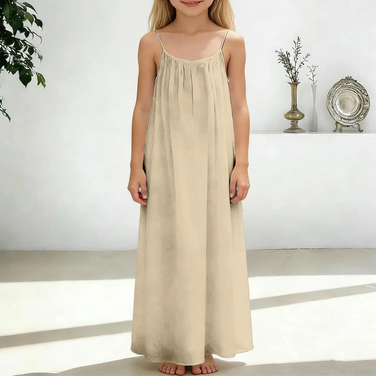 Длинное платье на бретелях из льна и хлопка, Beige — фото 3