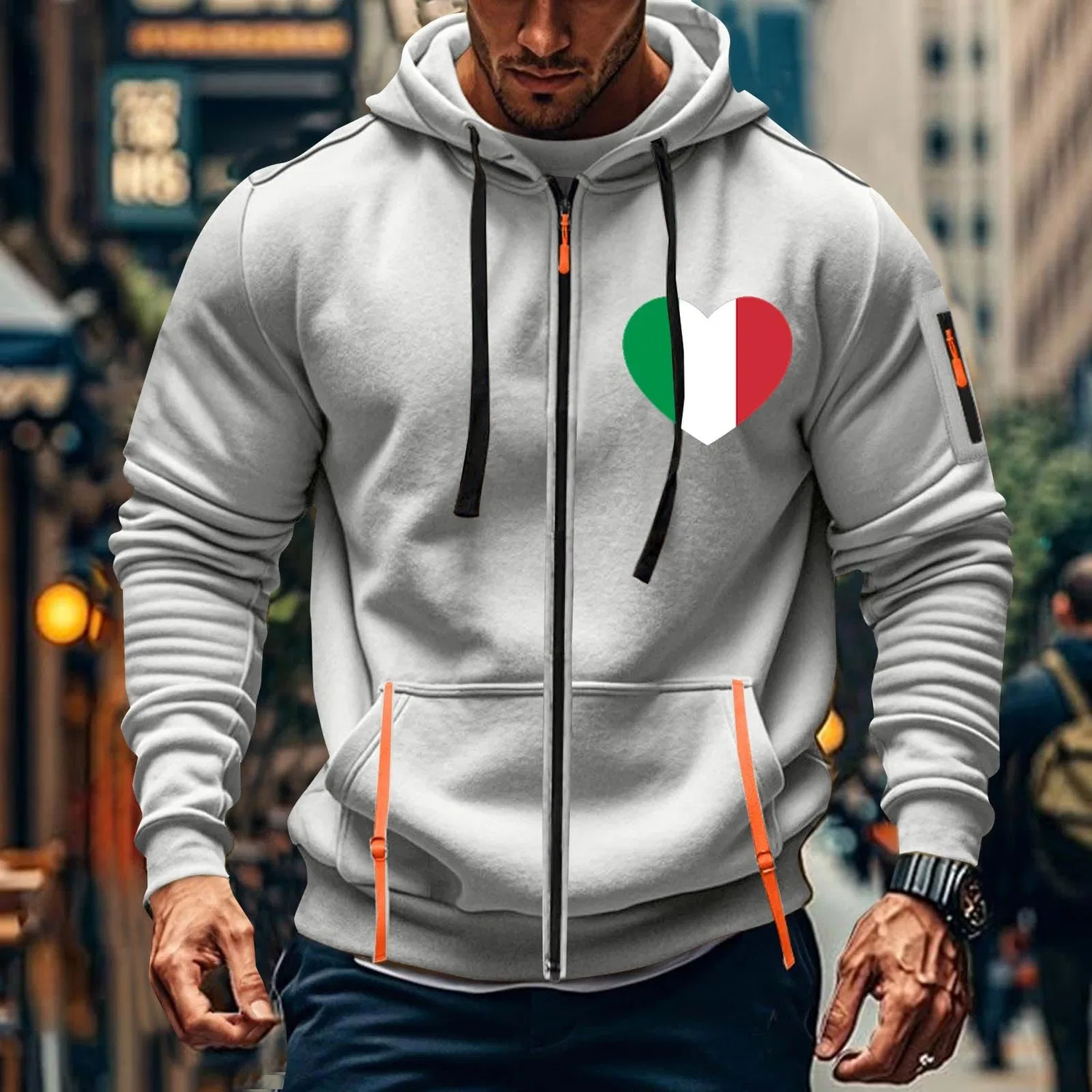 Мужское худи с капюшоном и полной застежкой-молнией с принтом Italian Flag, винтажное, с карманом, Z01-grey Uomo Quarter Zip Felpa Con Cappuccio — фото 2