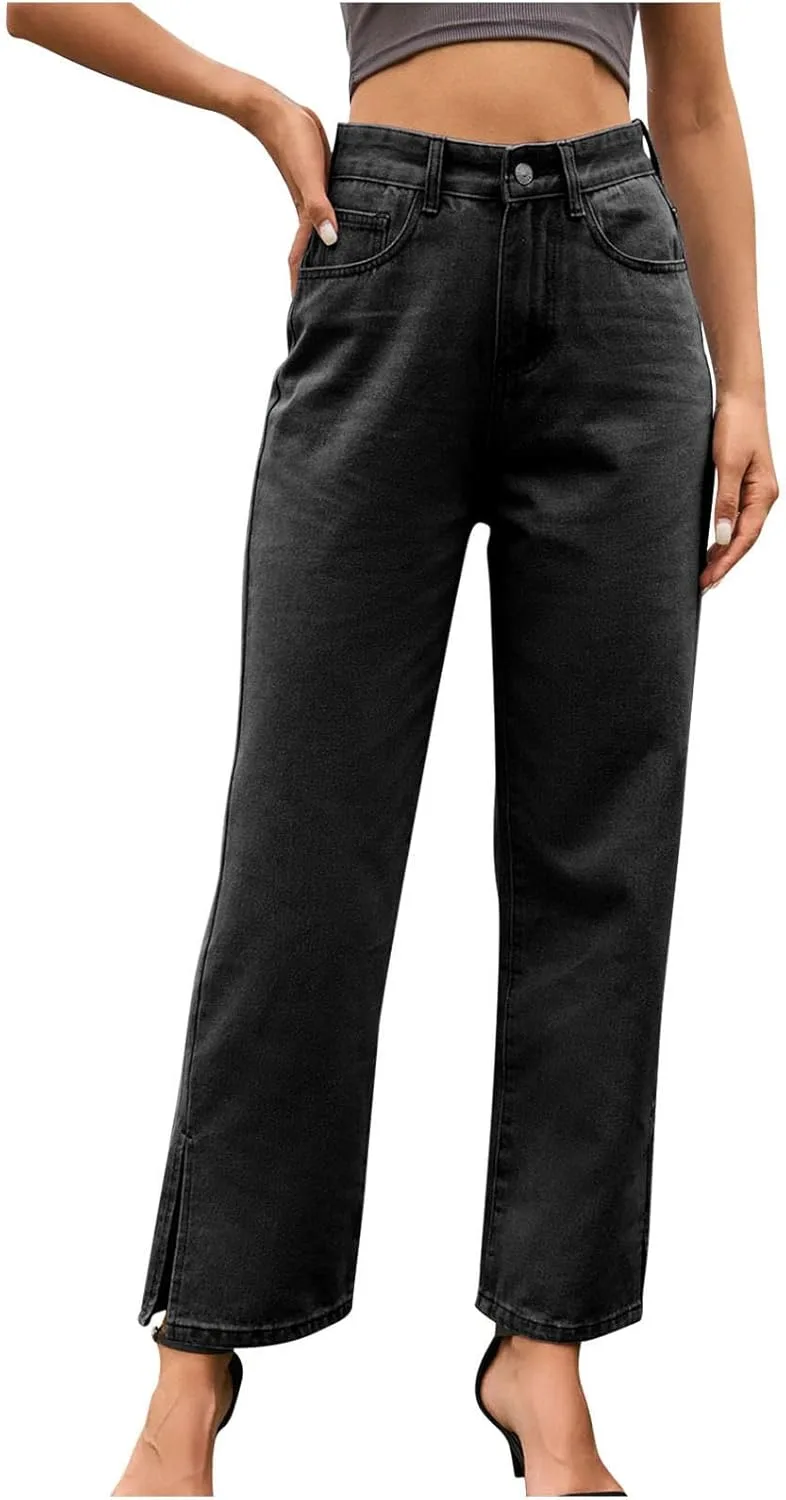 Джинсы для женщин High Waisted Straight Leg с боковым разрезом