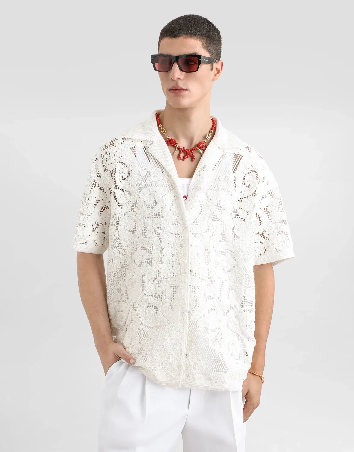 Рубашка из хлопка с вышивкой макраме DOLCE & GABBANA, бежевый — фото 4