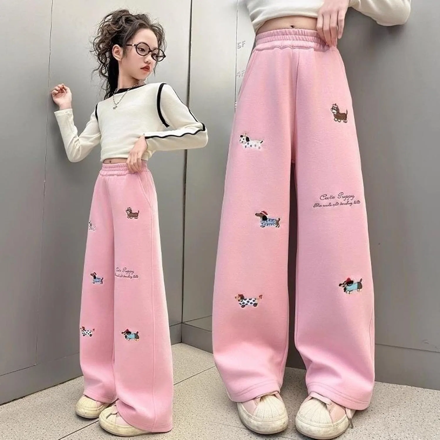Спортивные брюки для девочек с вышивкой собаки, Pink — фото 2