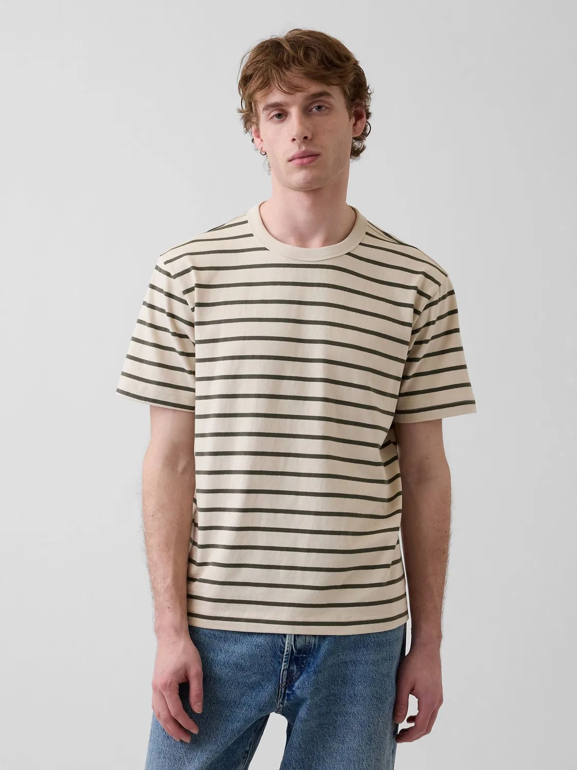 Футболка с полосками Heavyweight Relaxed Gap, бежево-зеленая
