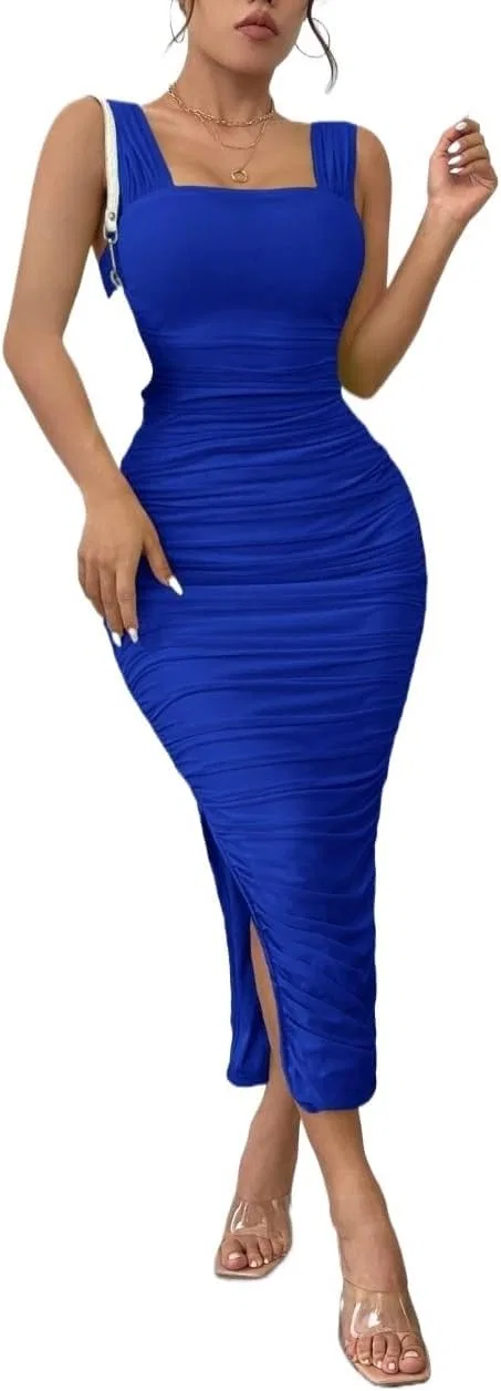 Женское облегающее платье с квадратным вырезом и разрезами, Royal Blue
