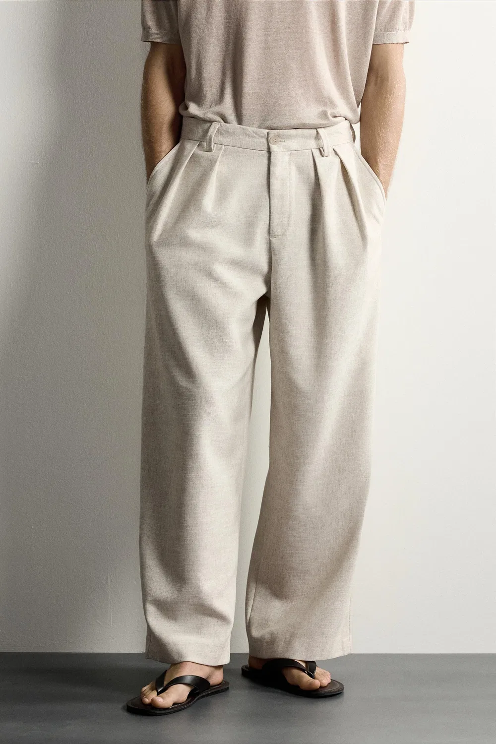 Текстурированные брюки свободного кроя со складками ZARA, Light beige — фото 2