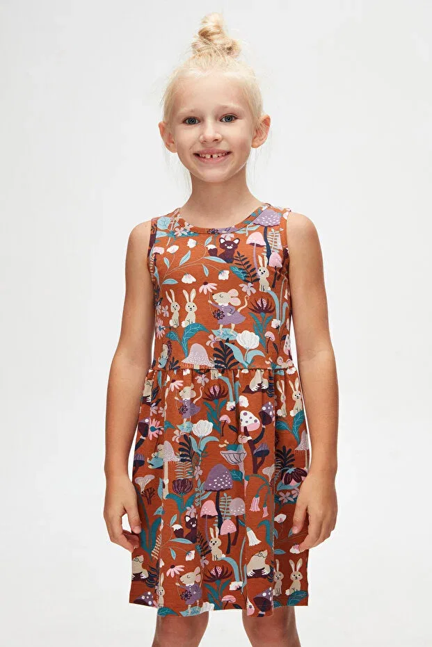 Детское платье для девочек с принтом Brown Forest Animals Girl's Patterned Sleeveless Dress Lovetti, Brown — фото 2