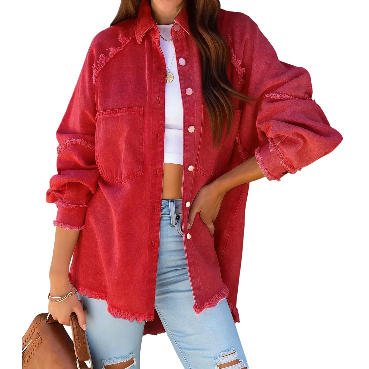 Женское джинсовое пальто с рваным краем, Oversize, Rosso