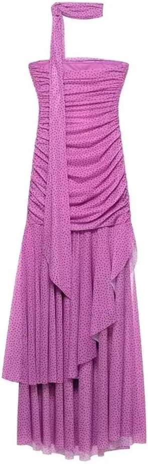 Женское асимметричное платье с горошком Off-shoulder, Fuchsia — фото 2