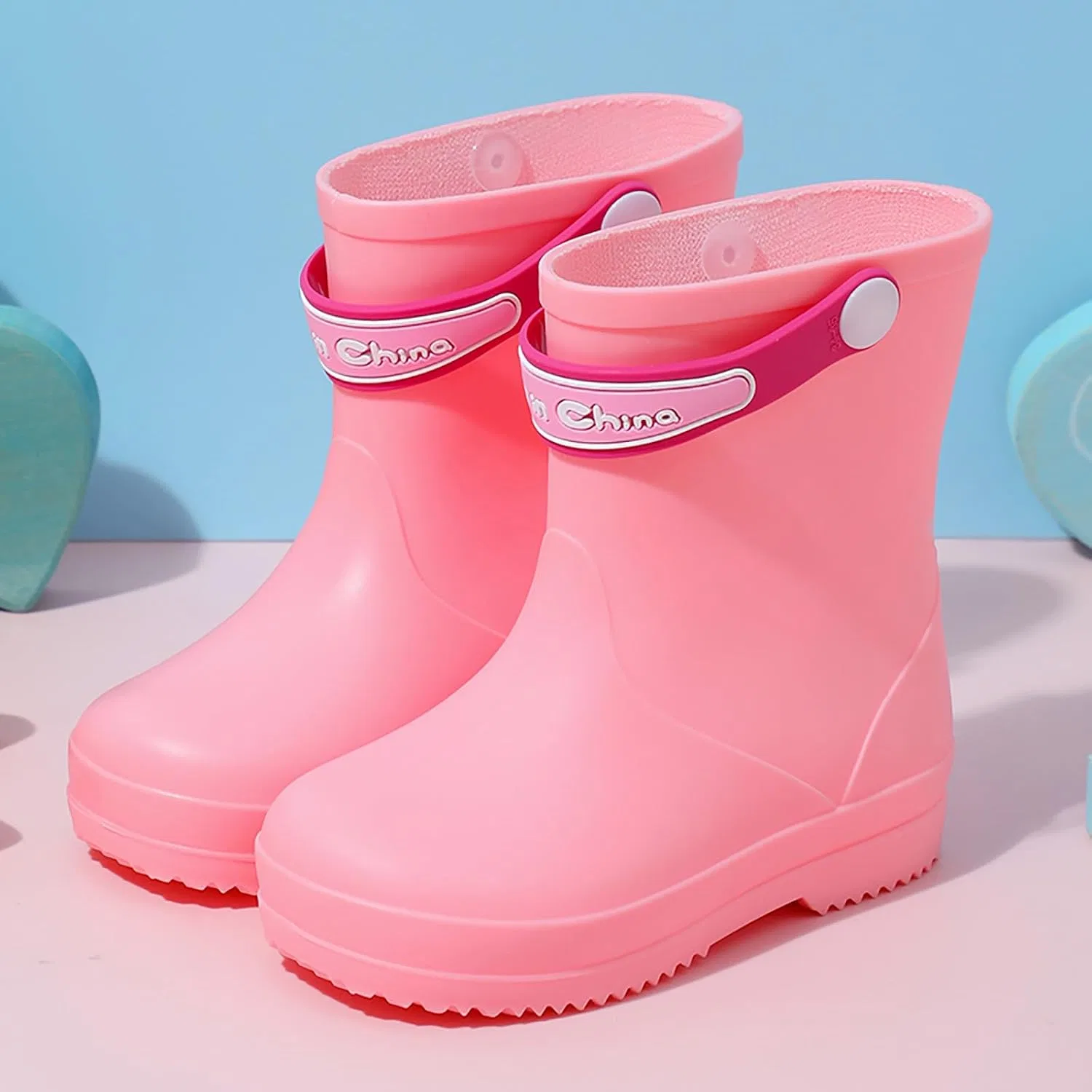 Детские дождевые сапоги на липучках с принтом для мальчиков и девочек, Pink — фото 4