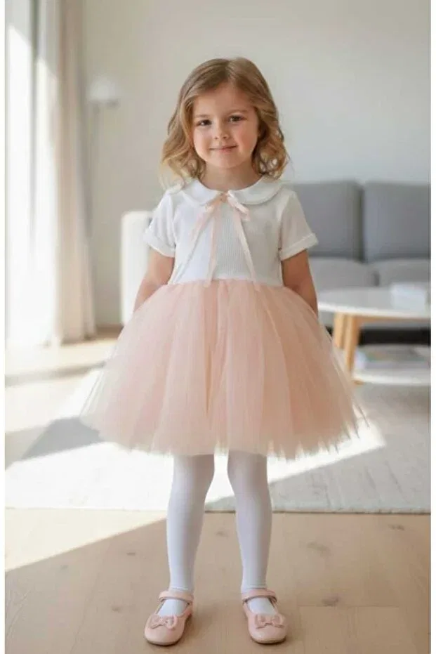 Детское платье для девочек с принтом Perla Short Sleeve Girl's Princess Fluffy Tutu Dress Baby Collar Flexible Lycra Salmon White Şirin Şeyler Butiği, Short-Salmon-White